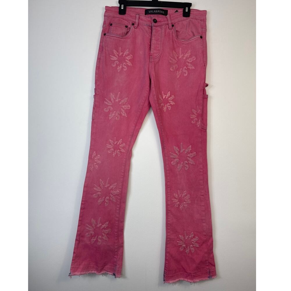 Valabasas Art Denim Stacked Pink Jeans Stretch Distressed Raw Hem Streetwear 32